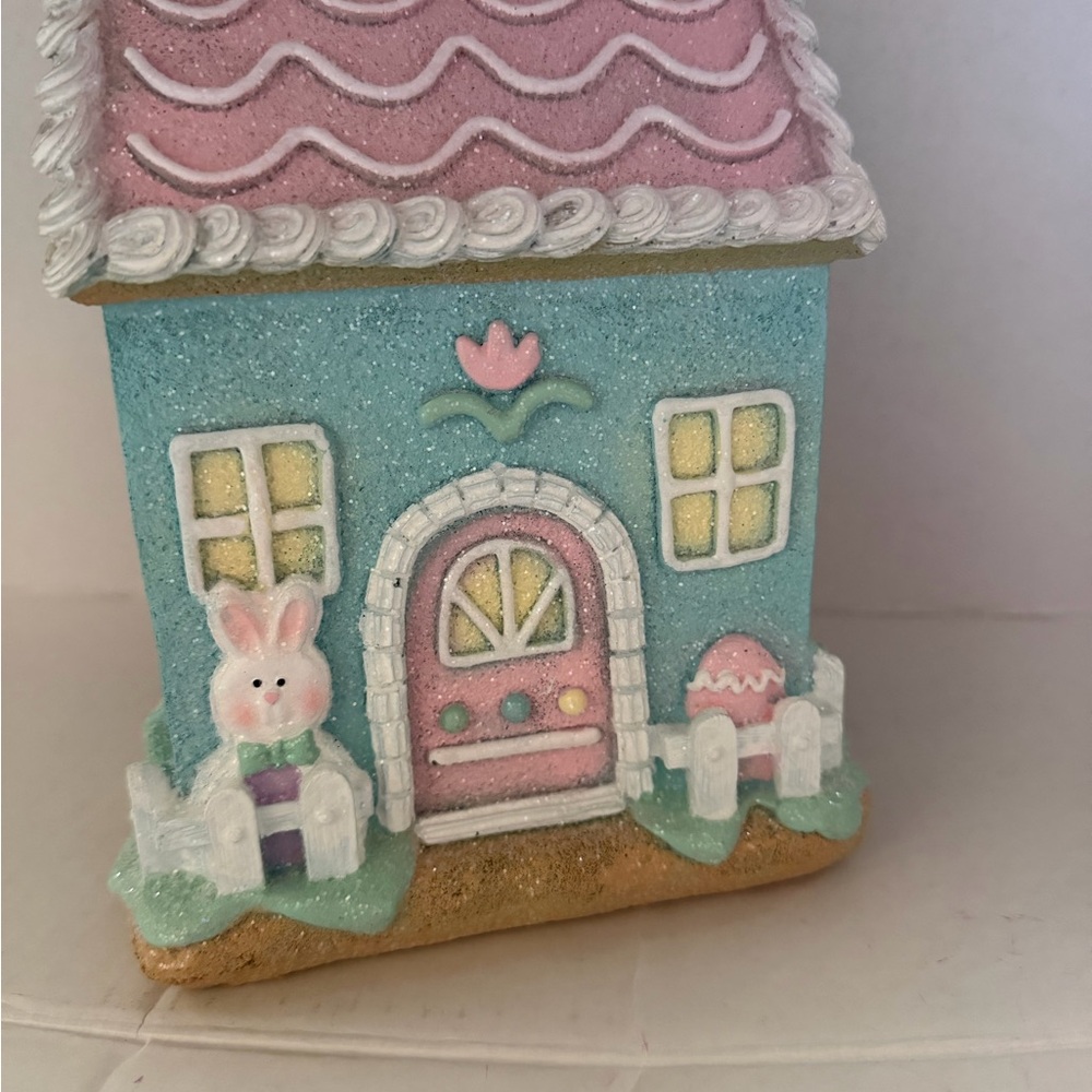 Glitter Pastel Easter Bunny House Figurine - Pink & Blue